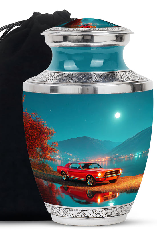 Mystic Teal Car Cremation Urn side profile showing urn shape - artistic car interpretation with creative detail - full-size 10 inch 200 cubic inch adult cremation urn