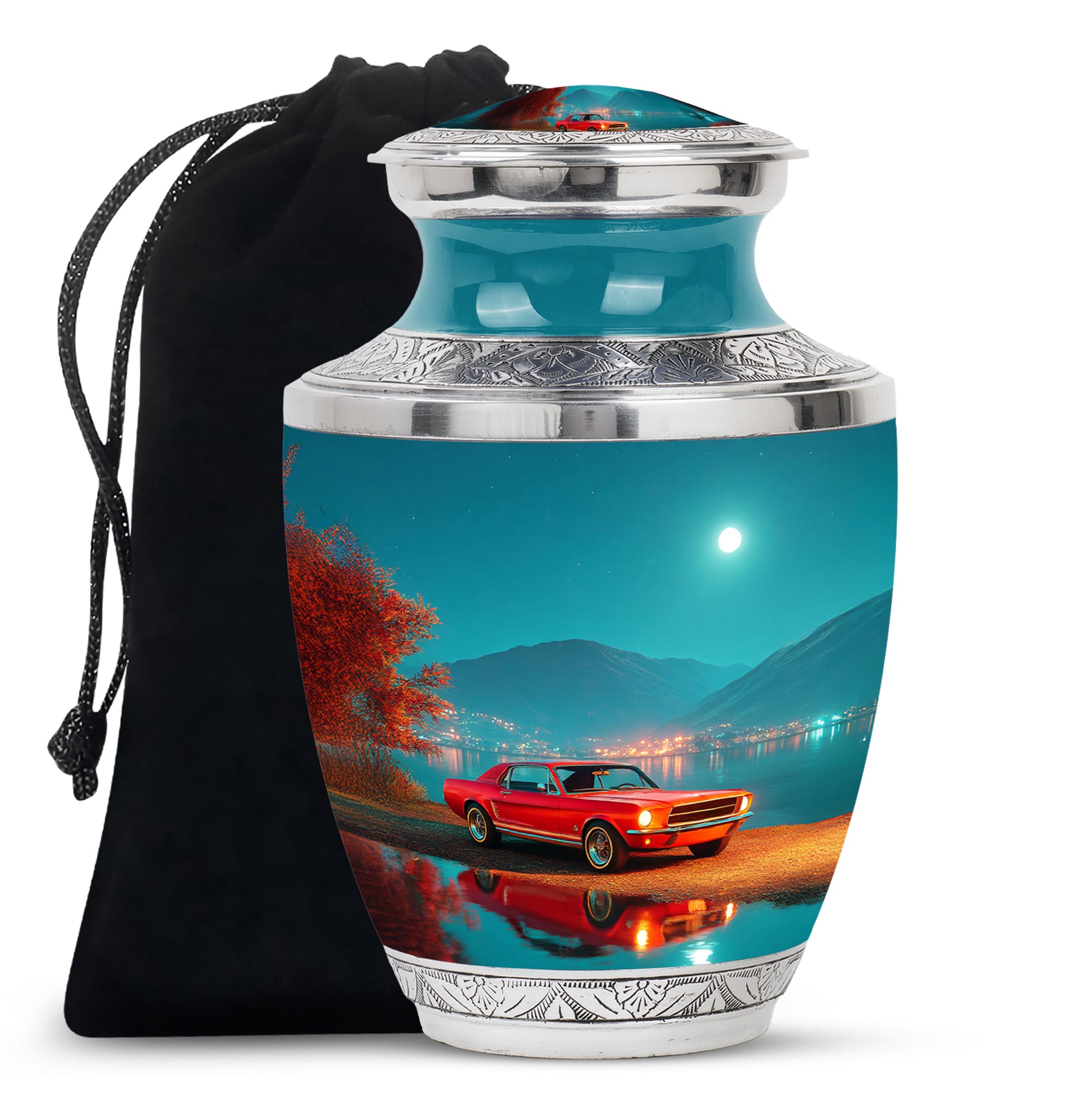 Mystic Teal Car Cremation Urn side profile showing urn shape - artistic car interpretation with creative detail - full-size 10 inch 200 cubic inch adult cremation urn