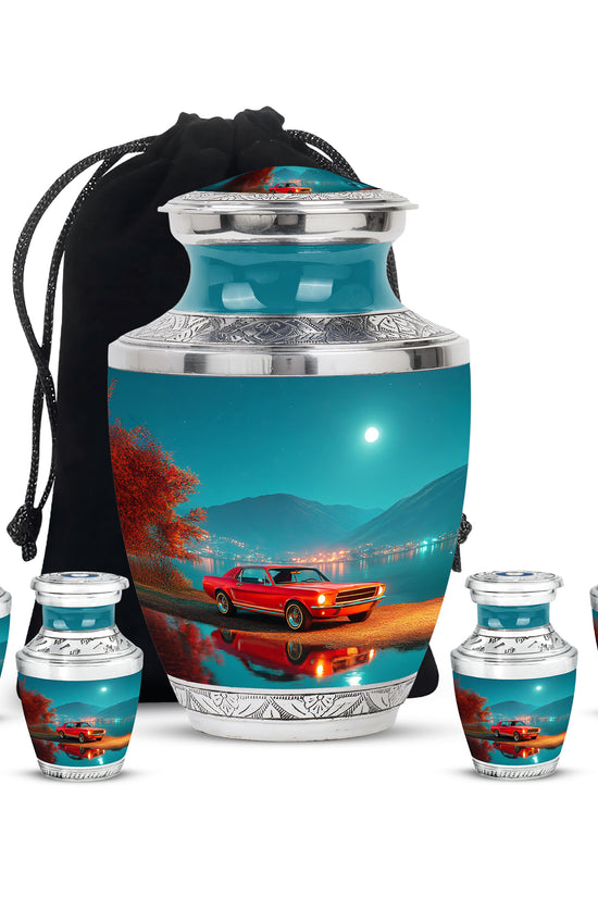 Soft Teal Car Cremation Urn lifestyle display on memorial shelf - contemporary car design with modern artistic flair - memorial set with one large and four small urns