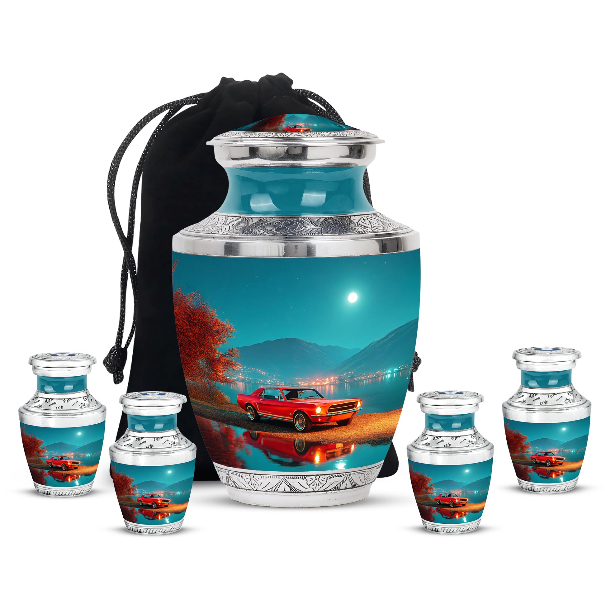 Soft Teal Car Cremation Urn lifestyle display on memorial shelf - contemporary car design with modern artistic flair - memorial set with one large and four small urns