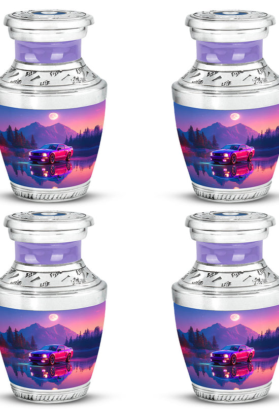 Dusty Blue Car Cremation Urn back view with polished surface - contemporary car design with modern artistic flair - 10 inch aluminum urn for cremated remains