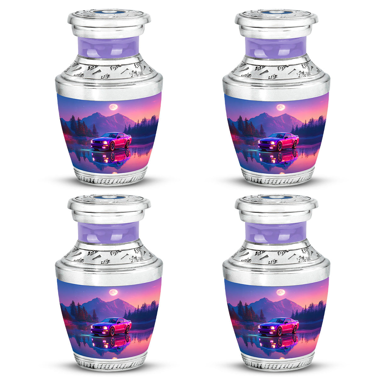 Dusty Blue Car Cremation Urn back view with polished surface - contemporary car design with modern artistic flair - 10 inch aluminum urn for cremated remains