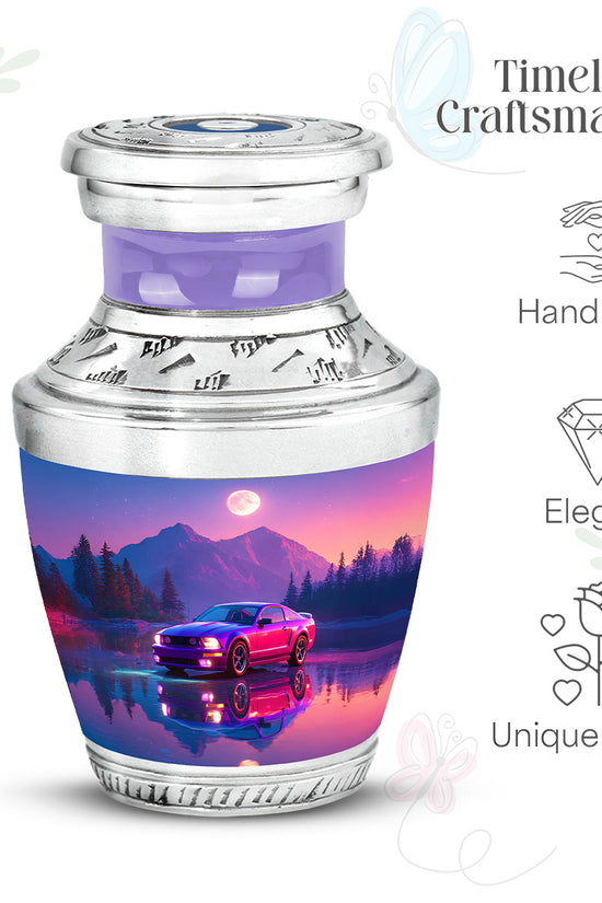 Soft Blue Car Cremation Urn top-down view of secure threaded lid - artistic car interpretation with creative detail - mini keepsake memorial for portion of cremation ashes