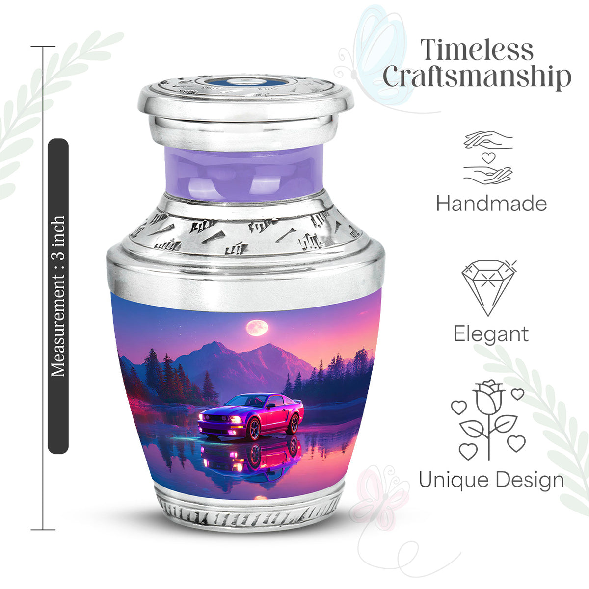 Soft Blue Car Cremation Urn top-down view of secure threaded lid - artistic car interpretation with creative detail - mini keepsake memorial for portion of cremation ashes