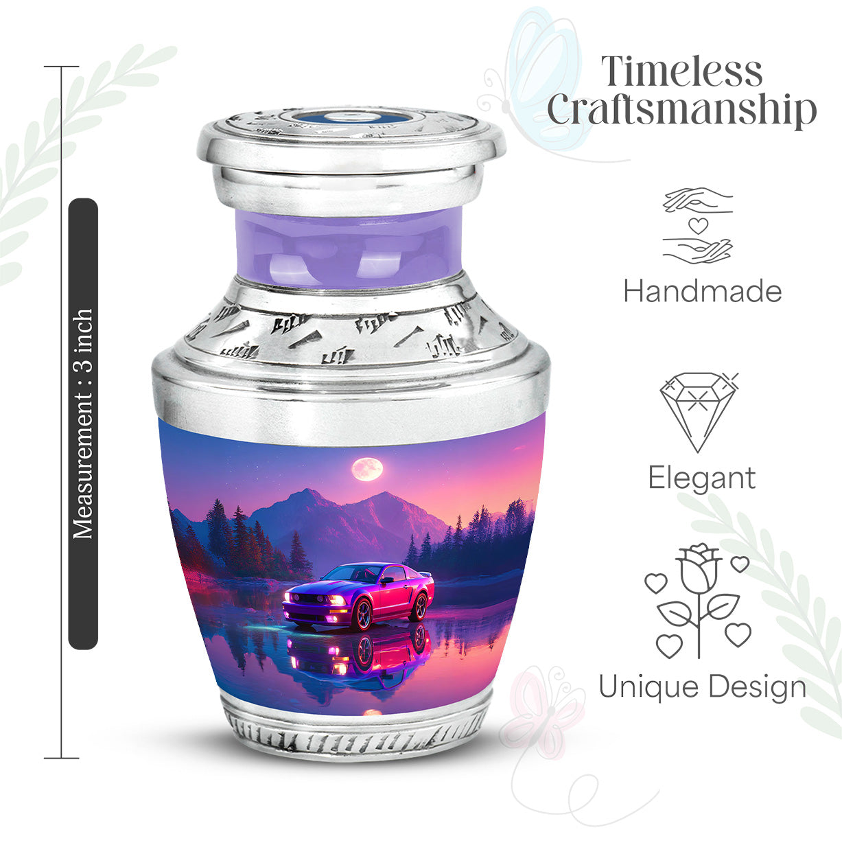 Soft Blue Car Cremation Urn top-down view of secure threaded lid - artistic car interpretation with creative detail - mini keepsake memorial for portion of cremation ashes