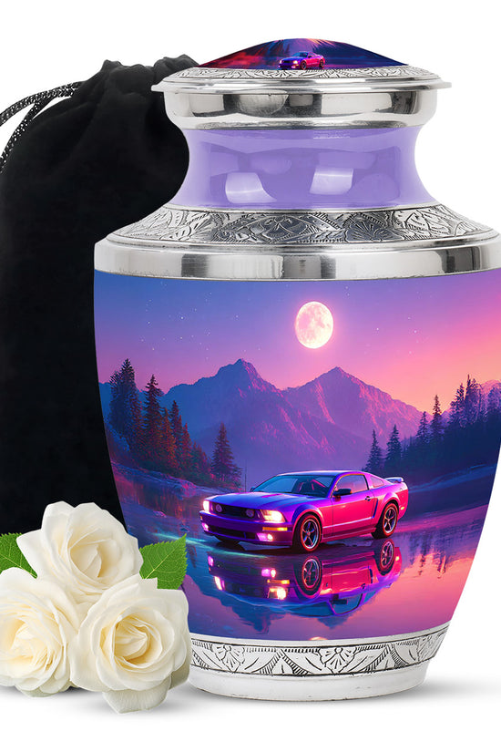 Cornflower Blue Car Cremation Urn side profile showing urn shape - artistic car interpretation with creative detail - full-size 10 inch 200 cubic inch adult cremation urn