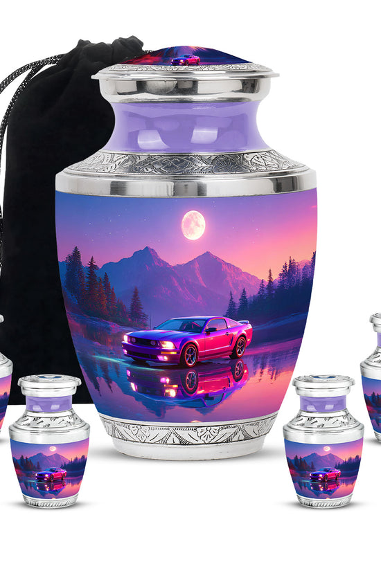 Vivid Blue Car Cremation Urn lifestyle display on memorial shelf - artistic car interpretation with creative detail - memorial set with one large and four small urns