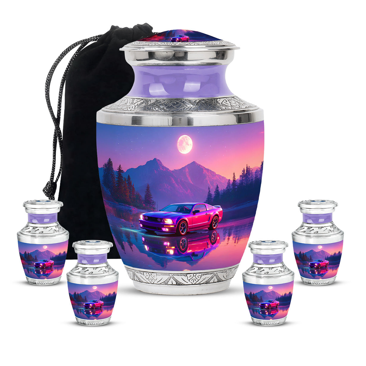 Vivid Blue Car Cremation Urn lifestyle display on memorial shelf - artistic car interpretation with creative detail - memorial set with one large and four small urns