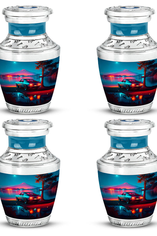 Sky Blue Car Cremation Urn back view with polished surface - contemporary car design with modern artistic flair - 10 inch aluminum urn for cremated remains