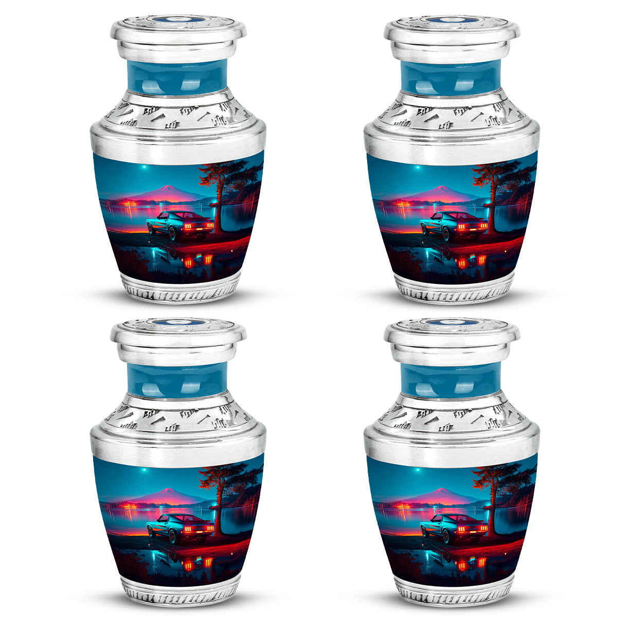 Sky Blue Car Cremation Urn back view with polished surface - contemporary car design with modern artistic flair - 10 inch aluminum urn for cremated remains