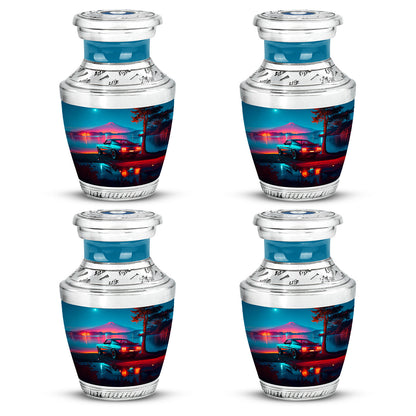Sky Blue Car Cremation Urn back view with polished surface - contemporary car design with modern artistic flair - 10 inch aluminum urn for cremated remains