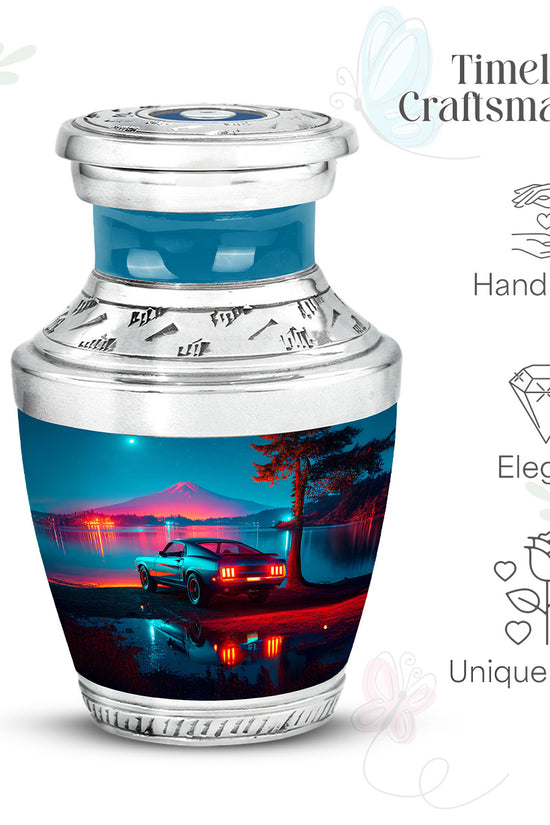 Bright Blue Car Cremation Urn top-down view of secure threaded lid - artistic car interpretation with creative detail - mini keepsake memorial for portion of cremation ashes