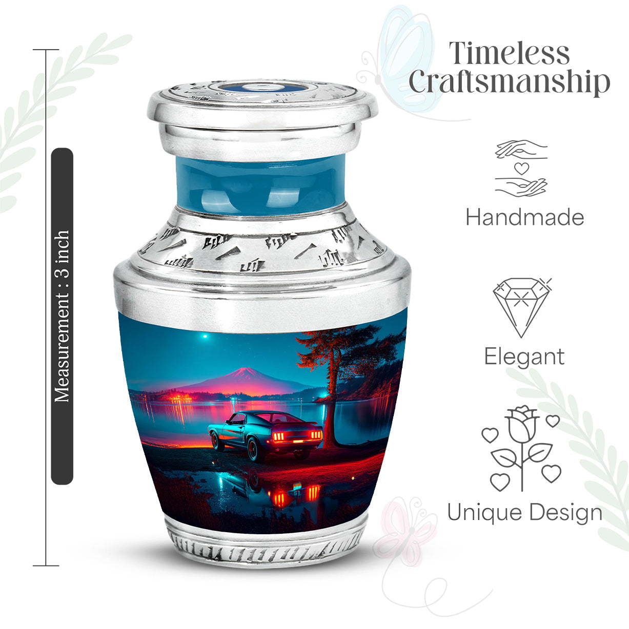 Bright Blue Car Cremation Urn top-down view of secure threaded lid - artistic car interpretation with creative detail - mini keepsake memorial for portion of cremation ashes
