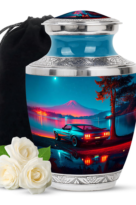 Soft Blue Car Cremation Urn side profile showing urn shape - stylized abstract car pattern with bold lines - full-size 10 inch 200 cubic inch adult cremation urn