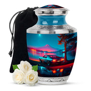 Soft Blue Car Cremation Urn side profile showing urn shape - stylized abstract car pattern with bold lines - full-size 10 inch 200 cubic inch adult cremation urn
