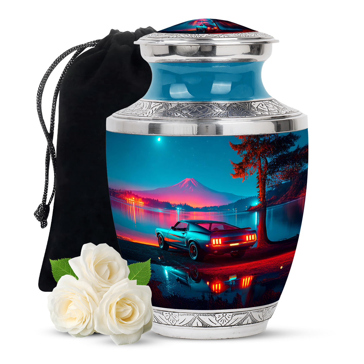 Soft Blue Car Cremation Urn side profile showing urn shape - stylized abstract car pattern with bold lines - full-size 10 inch 200 cubic inch adult cremation urn