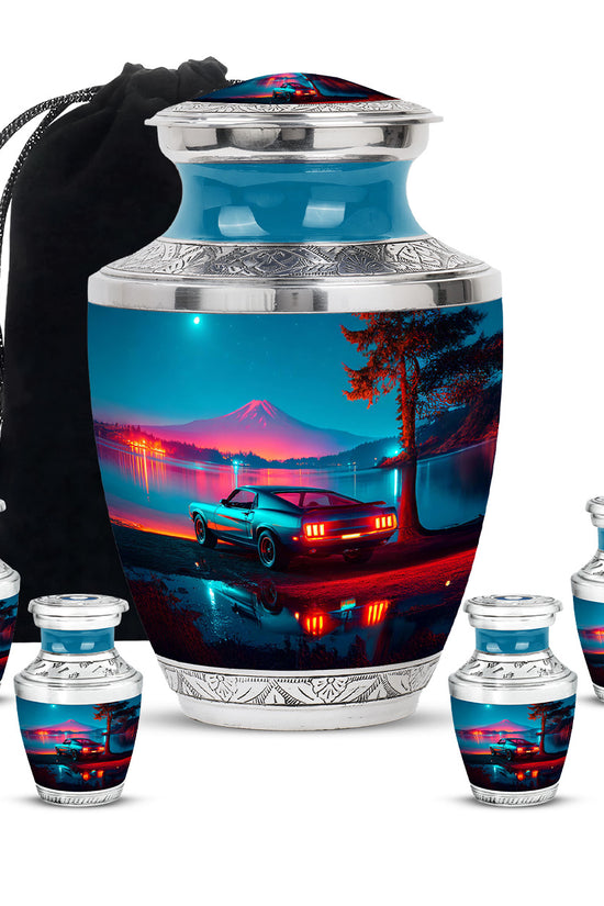 Azure Car Cremation Urn lifestyle display on memorial shelf - contemporary car design with modern artistic flair - memorial set with one large and four small urns