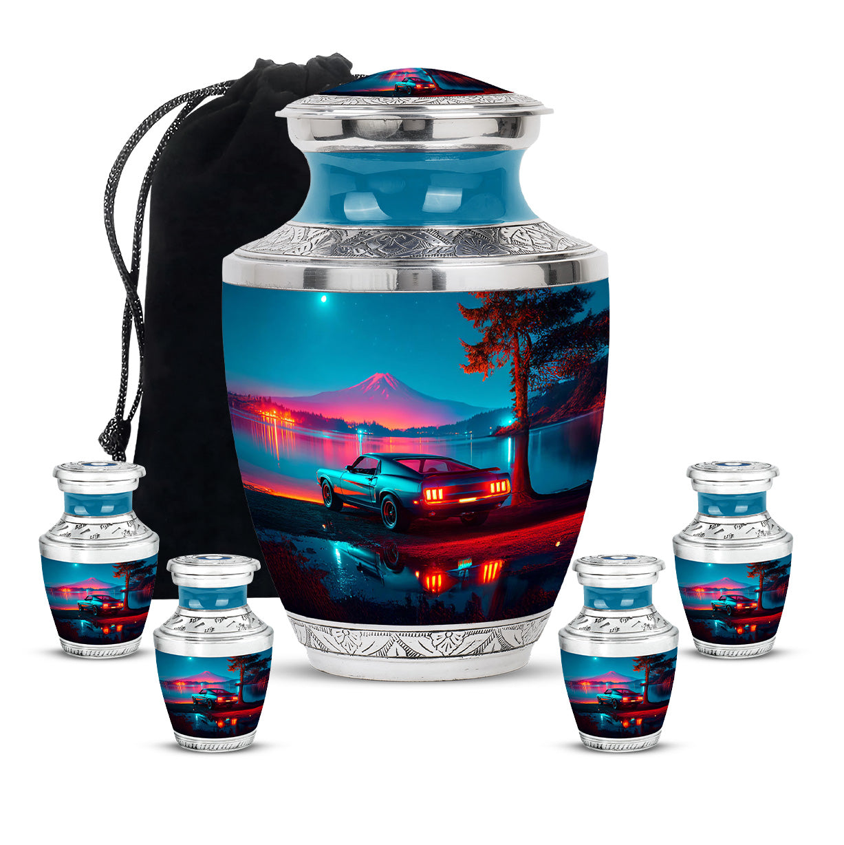 Azure Car Cremation Urn lifestyle display on memorial shelf - contemporary car design with modern artistic flair - memorial set with one large and four small urns