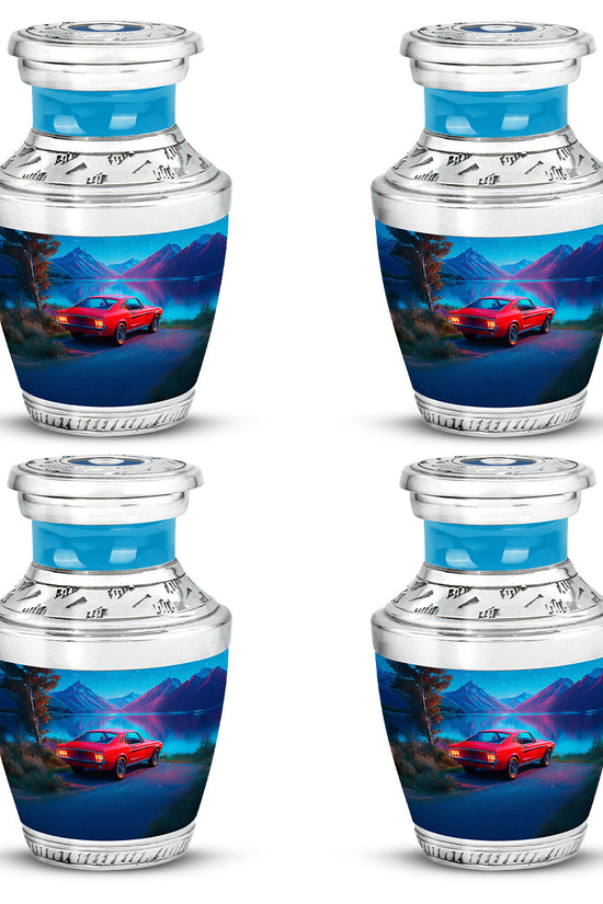 Powder Blue Car Cremation Urn back view with polished surface - contemporary car design with modern artistic flair - 10 inch aluminum urn for cremated remains