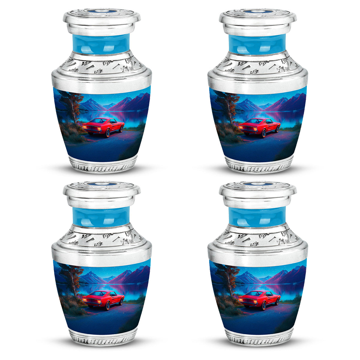 Powder Blue Car Cremation Urn back view with polished surface - contemporary car design with modern artistic flair - 10 inch aluminum urn for cremated remains