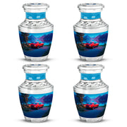 Powder Blue Car Cremation Urn back view with polished surface - contemporary car design with modern artistic flair - 10 inch aluminum urn for cremated remains