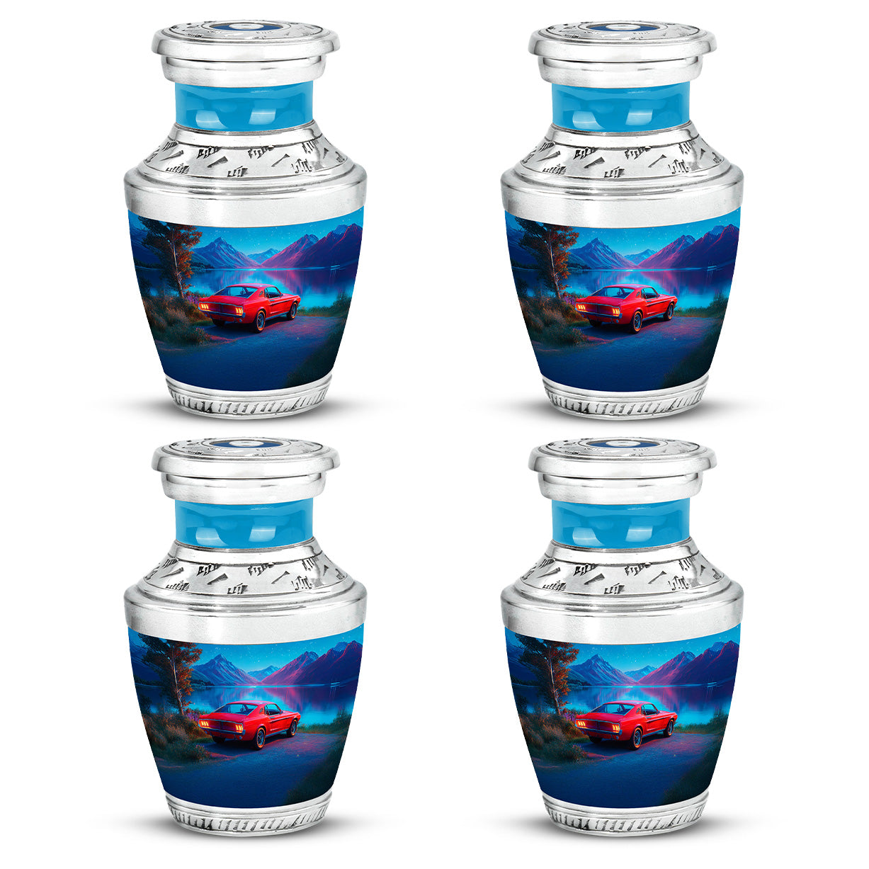Powder Blue Car Cremation Urn back view with polished surface - contemporary car design with modern artistic flair - 10 inch aluminum urn for cremated remains