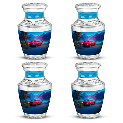 Powder Blue Car Cremation Urn back view with polished surface - contemporary car design with modern artistic flair - 10 inch aluminum urn for cremated remains