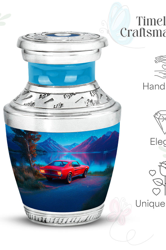 Pastel Blue Car Cremation Urn top-down view of secure threaded lid - modern art-inspired car motif on sleek aluminum - mini keepsake memorial for portion of cremation ashes