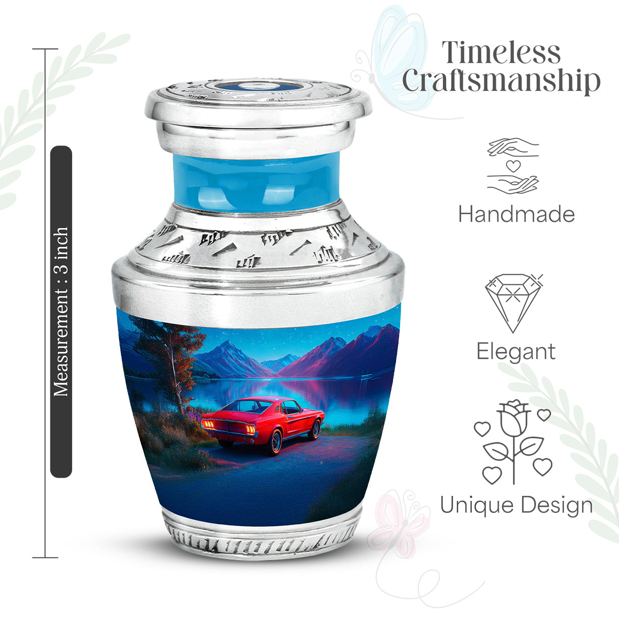 Pastel Blue Car Cremation Urn top-down view of secure threaded lid - modern art-inspired car motif on sleek aluminum - mini keepsake memorial for portion of cremation ashes