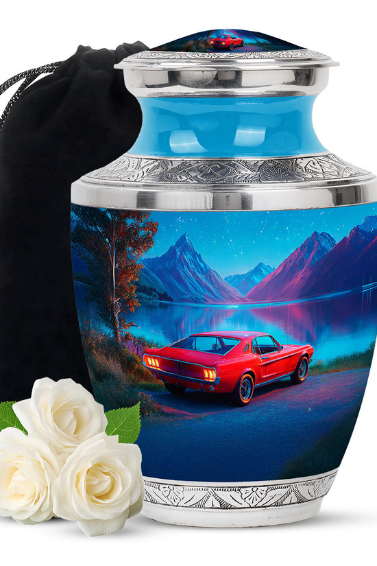 Slate Blue Car Cremation Urn side profile showing urn shape - modern art-inspired car motif on sleek aluminum - full-size 10 inch 200 cubic inch adult cremation urn