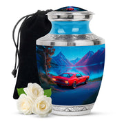 Slate Blue Car Cremation Urn side profile showing urn shape - modern art-inspired car motif on sleek aluminum - full-size 10 inch 200 cubic inch adult cremation urn