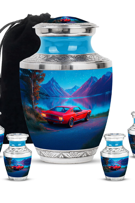 Slate Blue Car Cremation Urn lifestyle display on memorial shelf - contemporary car design with modern artistic flair - memorial set with one large and four small urns