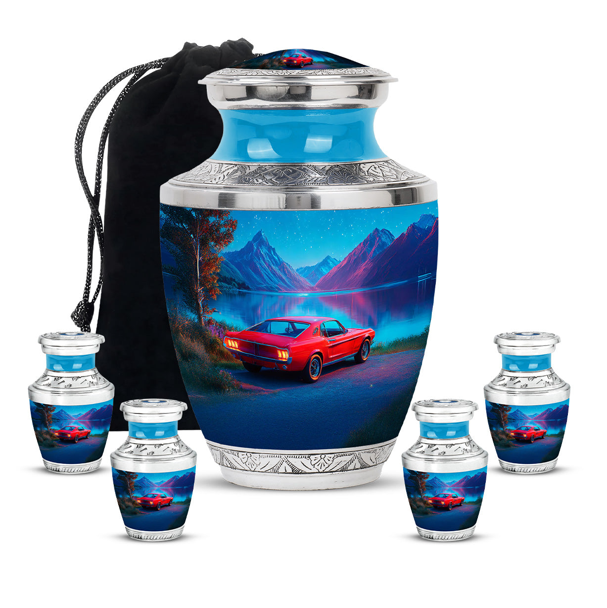 Slate Blue Car Cremation Urn lifestyle display on memorial shelf - contemporary car design with modern artistic flair - memorial set with one large and four small urns