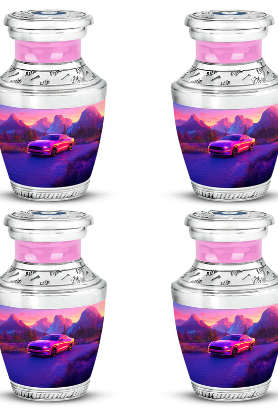 Soft Pink Car Cremation Urn back view with polished surface - artistic car interpretation with creative detail - 10 inch aluminum urn for cremated remains