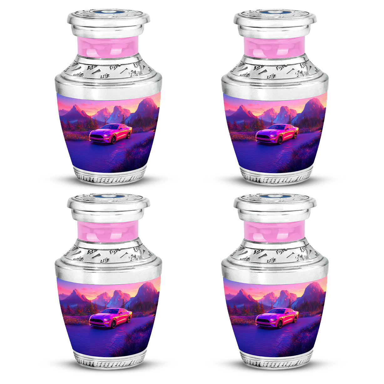 Soft Pink Car Cremation Urn back view with polished surface - artistic car interpretation with creative detail - 10 inch aluminum urn for cremated remains