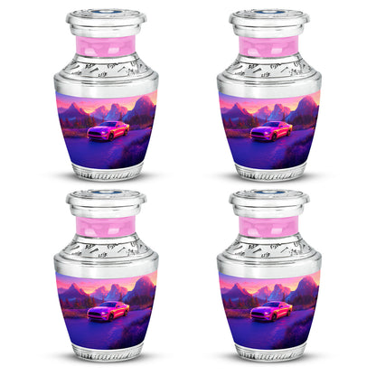 Soft Pink Car Cremation Urn back view with polished surface - artistic car interpretation with creative detail - 10 inch aluminum urn for cremated remains