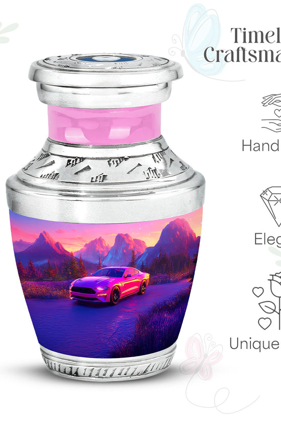 Salmon Pink Car Cremation Urn top-down view of secure threaded lid - stylized abstract car pattern with bold lines - mini keepsake memorial for portion of cremation ashes