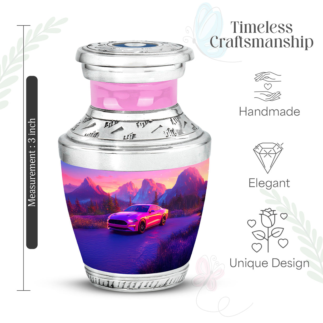 Salmon Pink Car Cremation Urn top-down view of secure threaded lid - stylized abstract car pattern with bold lines - mini keepsake memorial for portion of cremation ashes