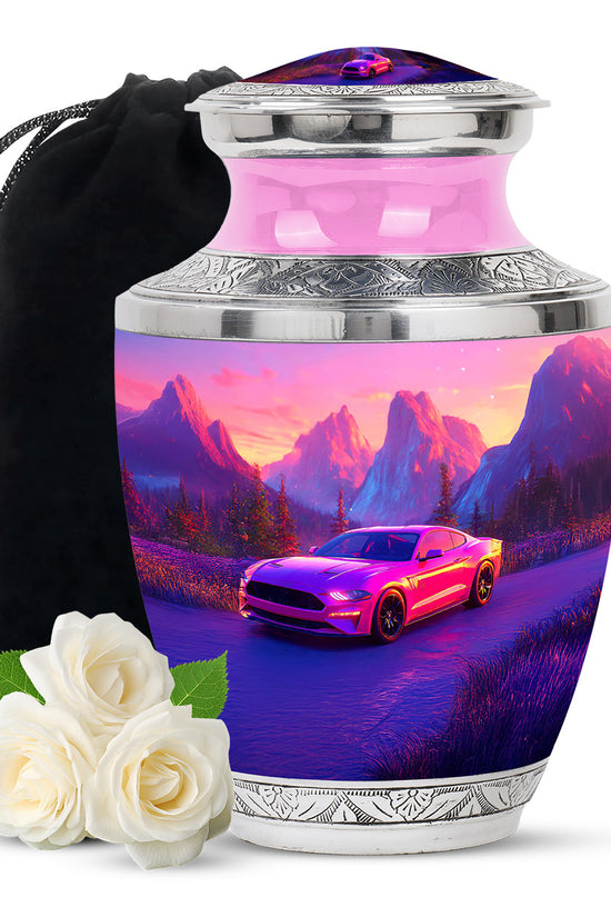 Blush Pink Car Cremation Urn side profile showing urn shape - modern art-inspired car motif on sleek aluminum - full-size 10 inch 200 cubic inch adult cremation urn