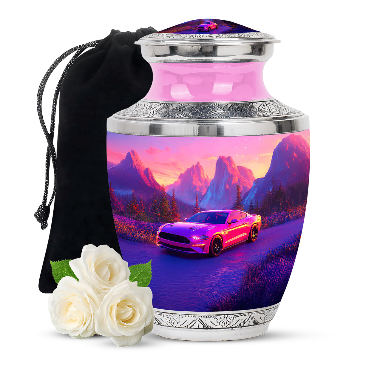Blush Pink Car Cremation Urn side profile showing urn shape - modern art-inspired car motif on sleek aluminum - full-size 10 inch 200 cubic inch adult cremation urn