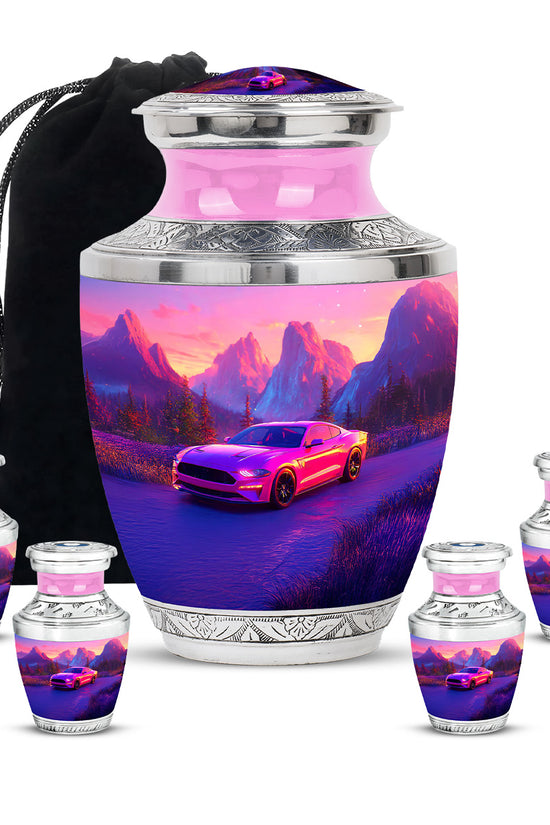 Salmon Pink Car Cremation Urn lifestyle display on memorial shelf - artistic car interpretation with creative detail - memorial set with one large and four small urns