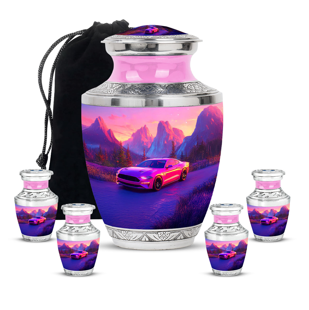 Salmon Pink Car Cremation Urn lifestyle display on memorial shelf - artistic car interpretation with creative detail - memorial set with one large and four small urns