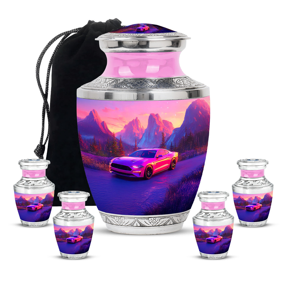 Salmon Pink Car Cremation Urn lifestyle display on memorial shelf - artistic car interpretation with creative detail - memorial set with one large and four small urns