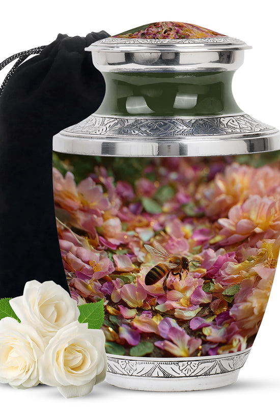 Warm Gold Bee Cremation Urn side profile showing urn shape - artistic bee interpretation with creative detail - full-size 10 inch 200 cubic inch adult cremation urn