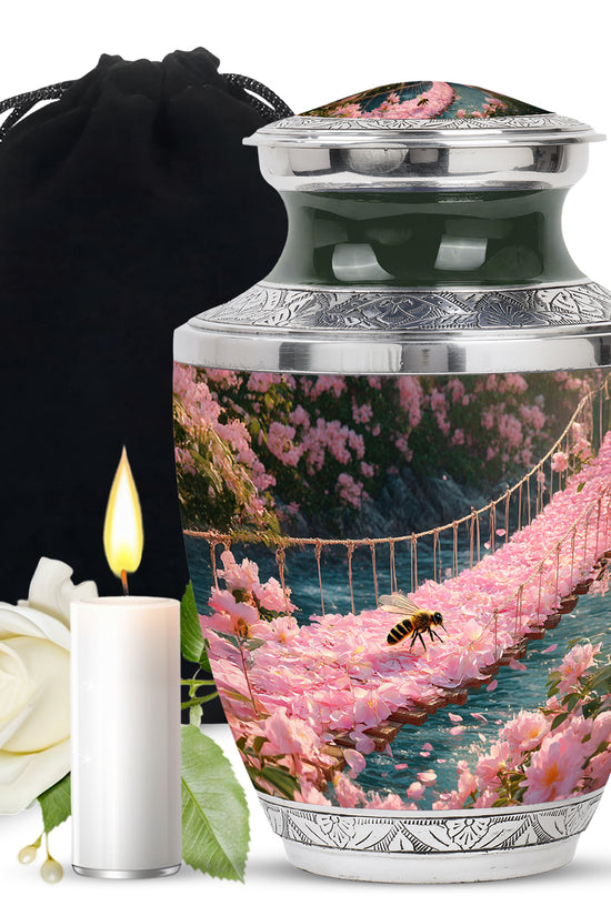 Amber Gold Bee Cremation Urn side profile showing urn shape - modern art-inspired bee motif on sleek aluminum - full-size 10 inch 200 cubic inch adult cremation urn