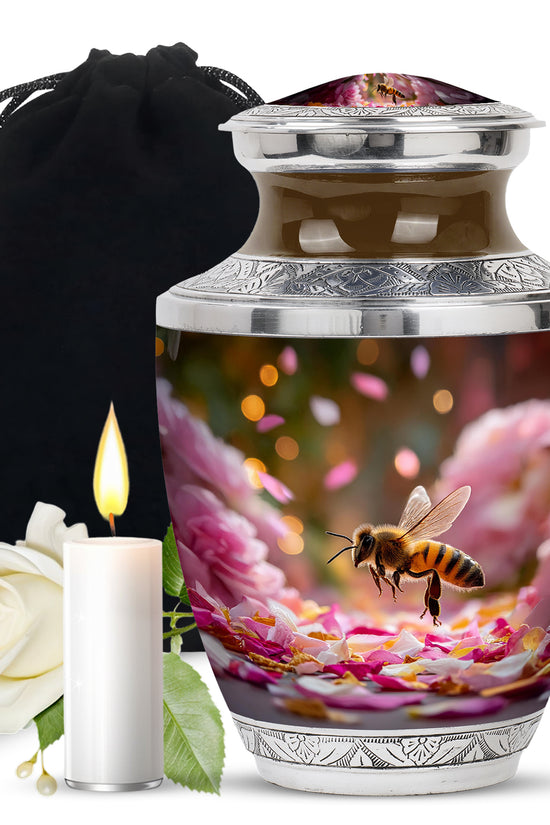Matte Gold Bee Cremation Urn side profile showing urn shape - artistic bee interpretation with creative detail - full-size 10 inch 200 cubic inch adult cremation urn
