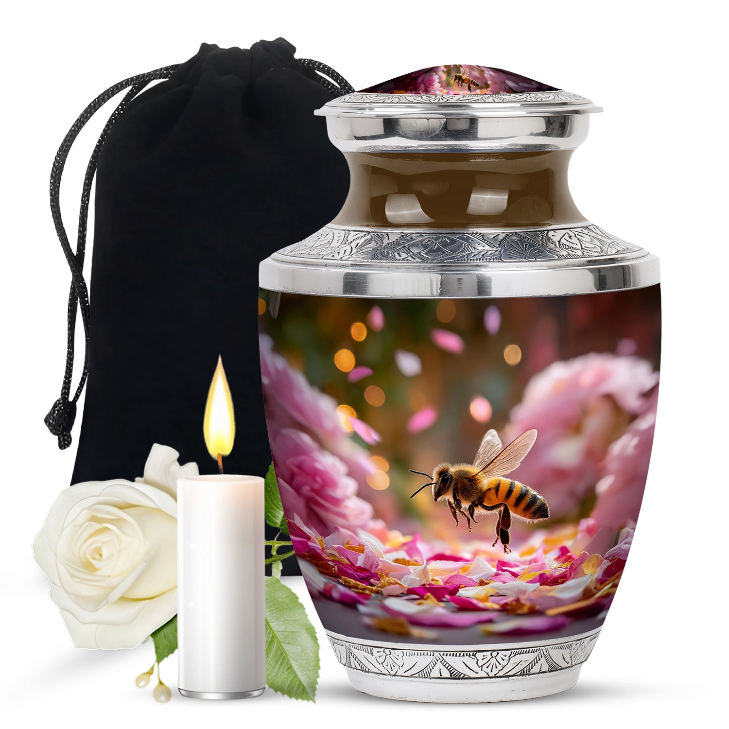 Matte Gold Bee Cremation Urn side profile showing urn shape - artistic bee interpretation with creative detail - full-size 10 inch 200 cubic inch adult cremation urn