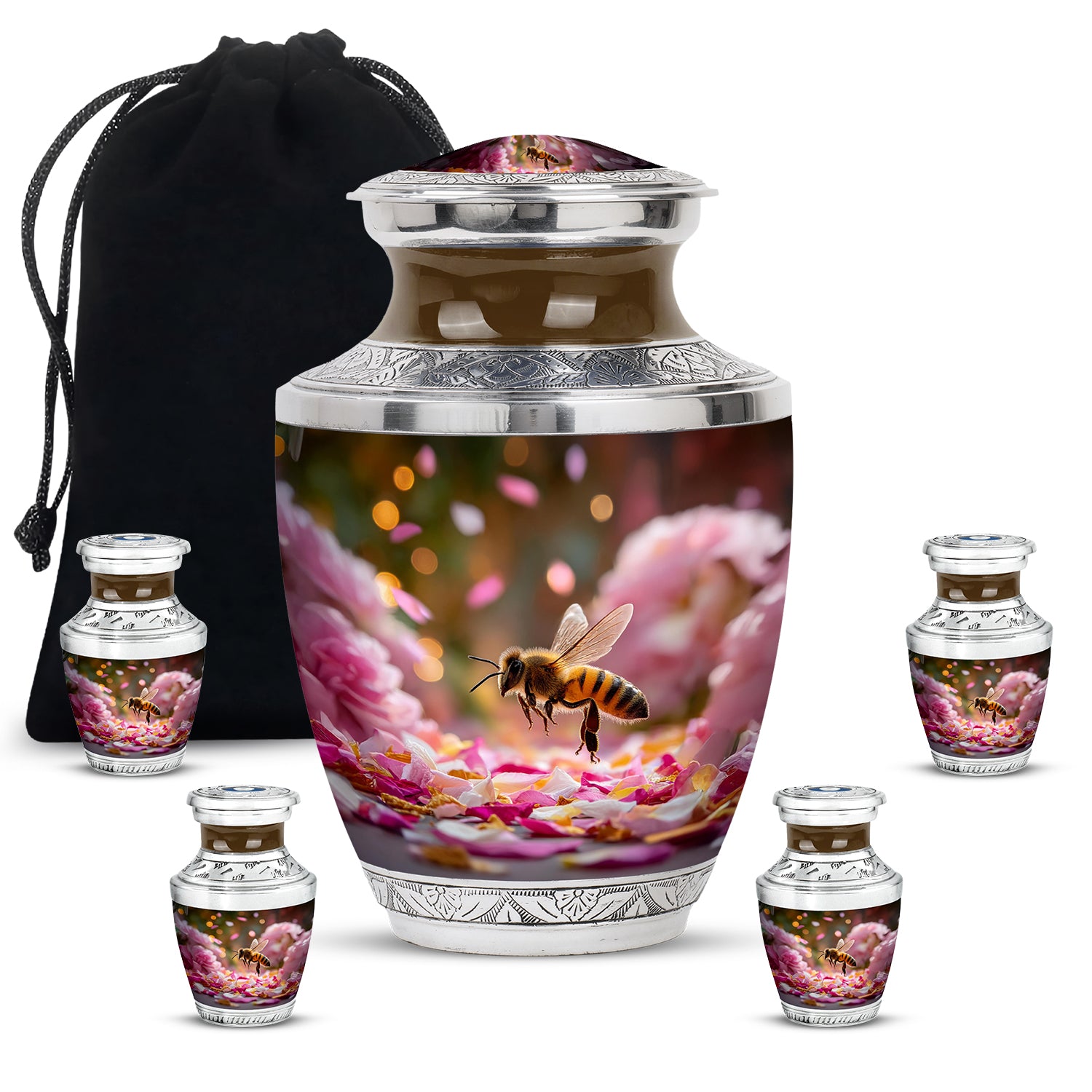 Warm Gold Bee Cremation Urn lifestyle display on memorial shelf - artistic bee interpretation with creative detail - memorial set with one large and four small urns