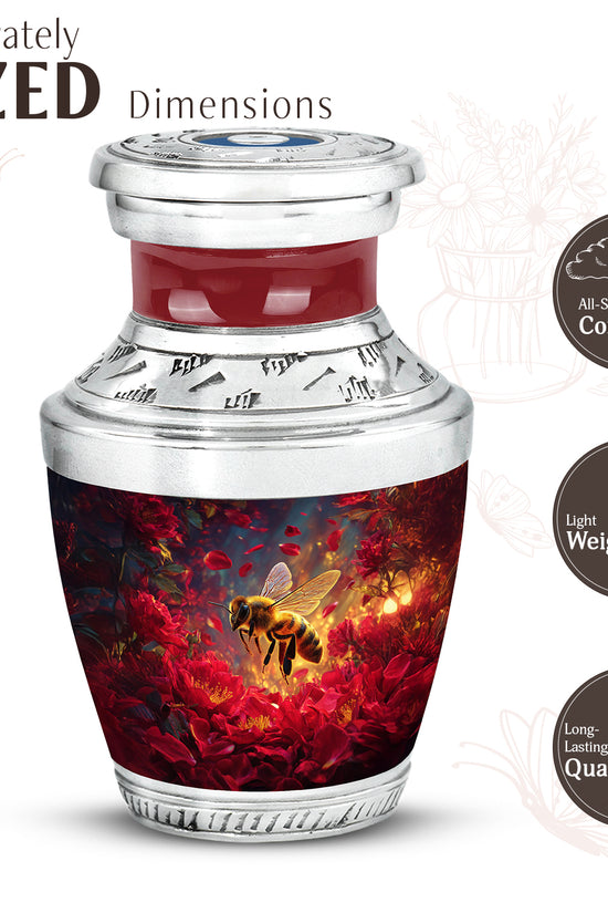 Peony Pink Bee Cremation Urn top-down view of secure threaded lid - modern art-inspired bee motif on sleek aluminum - mini keepsake memorial for portion of cremation ashes