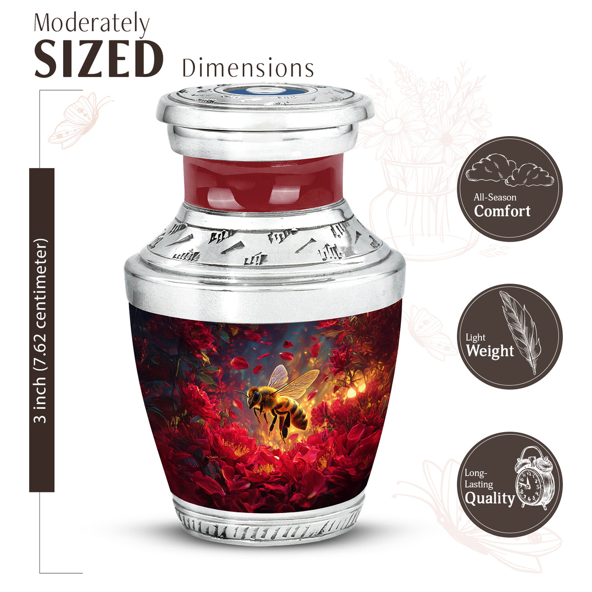 Peony Pink Bee Cremation Urn top-down view of secure threaded lid - modern art-inspired bee motif on sleek aluminum - mini keepsake memorial for portion of cremation ashes